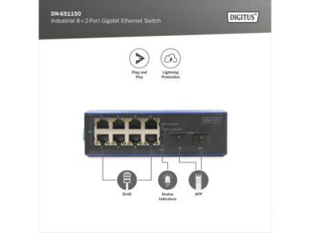 DIGITUS Switch industriel Gigabit Ethernet, 8+2 ports
