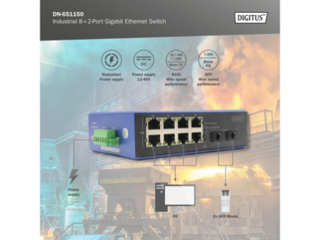 DIGITUS Switch industriel Gigabit Ethernet, 8+2 ports