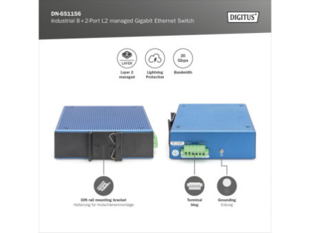 DIGITUS Switch industriel Gigabit Ethernet manageable L2 8+2