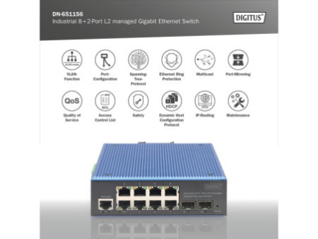 DIGITUS Switch industriel Gigabit Ethernet manageable L2 8+2