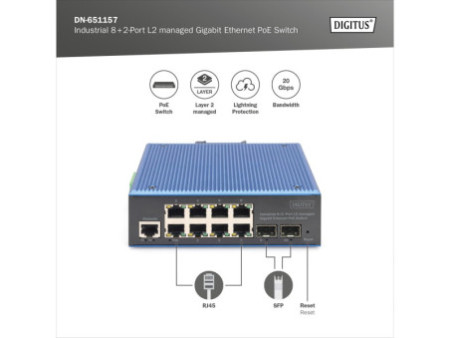 DIGITUS Switch industriel PoE Gigabit Ethernet manageable L2