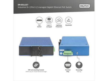 DIGITUS Switch industriel PoE Gigabit Ethernet manageable L2