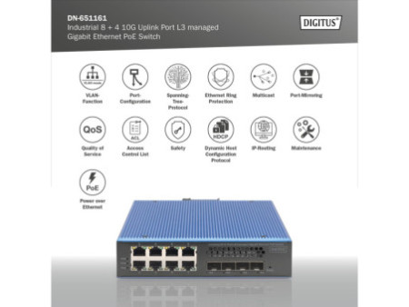 DIGITUS Switch industriel PoE Gigabit Ethernet manageable L3