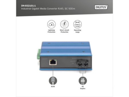 DIGITUS Convertisseur média industriel Gigabit RJ45, 0,5 km