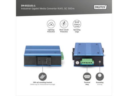 DIGITUS Convertisseur média industriel Gigabit RJ45, 0,5 km