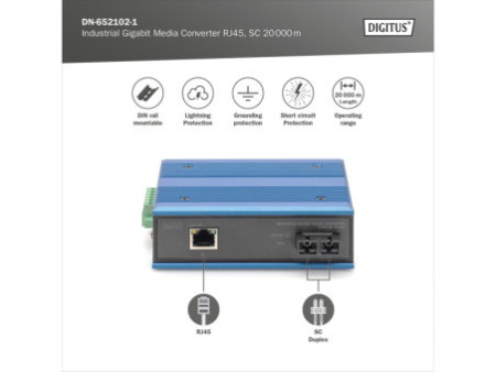 DIGITUS Convertisseur média industriel Gigabit RJ45, 20 km
