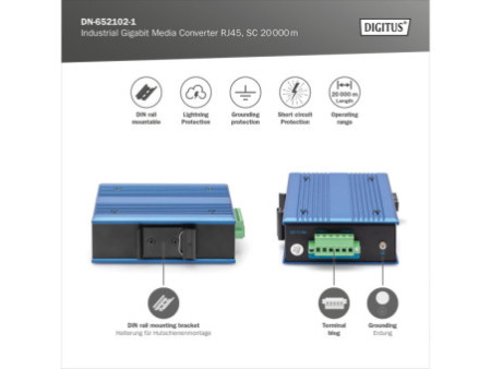 DIGITUS Convertisseur média industriel Gigabit RJ45, 20 km