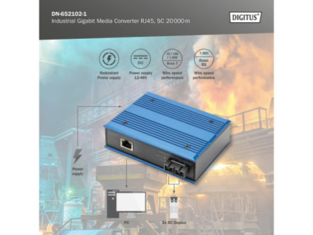 DIGITUS Convertisseur média industriel Gigabit RJ45, 20 km