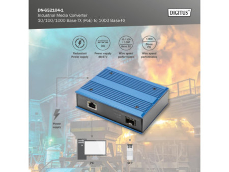 DIGITUS Convertisseur média industriel PoE+ Gigabit Ethernet