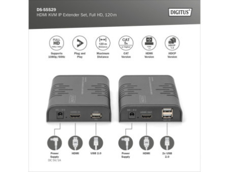 DIGITUS Kit extenseur HDMI KVM IP, Full HD, 120 m