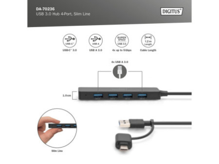 DIGITUS Hub USB 3.0, 4 ports, Slim Line, noir