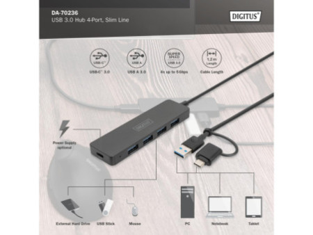 DIGITUS Hub USB 3.0, 4 ports, Slim Line, noir