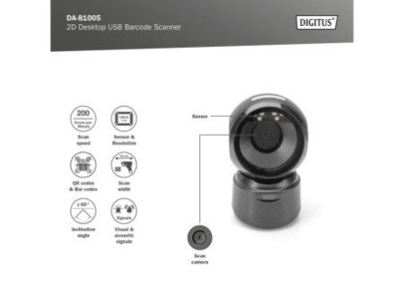 DIGITUS Lecteur de code-barres 1D/2D USB, noir