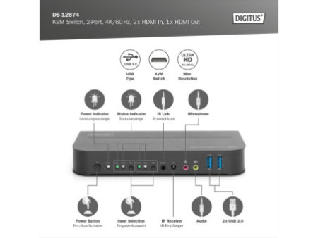 DIGITUS Switch KVM avec hub USB intégré, noir