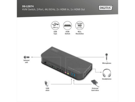 DIGITUS Switch KVM avec hub USB intégré, noir