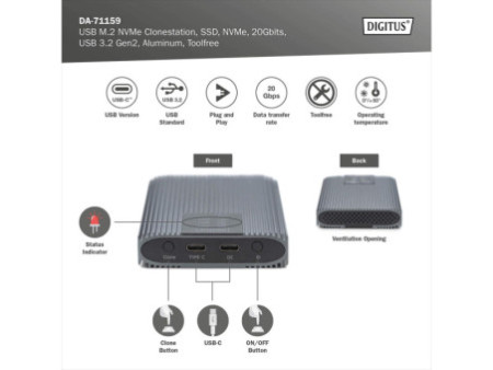 DIGITUS Station de clonage NVMe, USB M.2, SSD, 20 Gbits