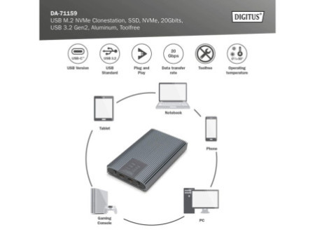 DIGITUS Station de clonage NVMe, USB M.2, SSD, 20 Gbits