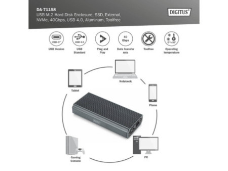 DIGITUS Boîtier USB pour disques SSD, externe, NVMe, 40 Gbps