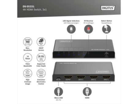 DIGITUS Commutateur HDMI 4K, 3x1, noir