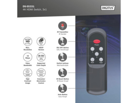 DIGITUS Commutateur HDMI 4K, 3x1, noir