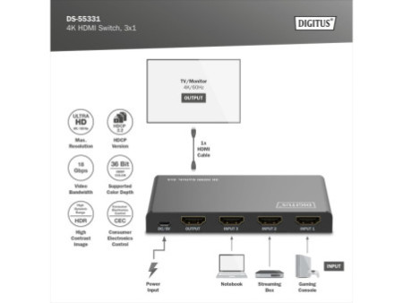 DIGITUS Commutateur HDMI 4K, 3x1, noir