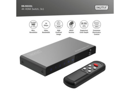 DIGITUS Commutateur HDMI 4K, 3x1, noir