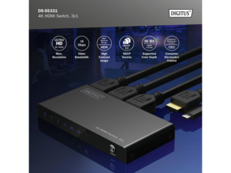 DIGITUS Commutateur HDMI 4K, 3x1, noir