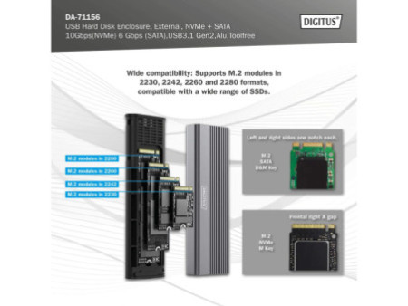DIGITUS Boîtier USB pour disques SSD, externe, NVMe + SATA