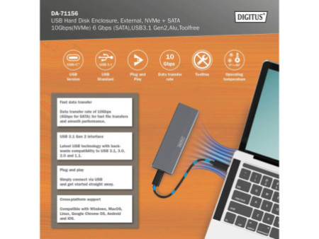 DIGITUS Boîtier USB pour disques SSD, externe, NVMe + SATA