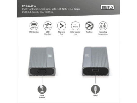 DIGITUS Boîtier USB pour disques SSD, externe, NVMe, 10 Gbps