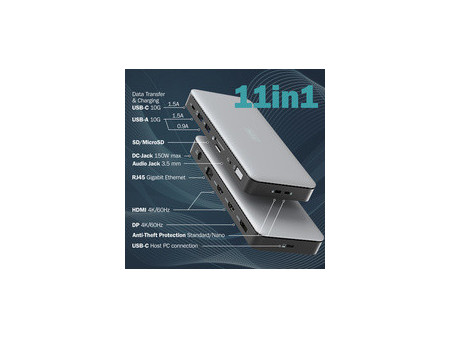DIGITUS Station d'accueil USB-C, 11 ports, gris/noir