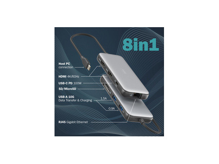 DIGITUS Station d'accueil USB-C, 8 ports, gris/noir