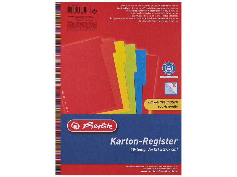 herlitz Intercalaires en carton, uni, A4, coloré, 10 touches