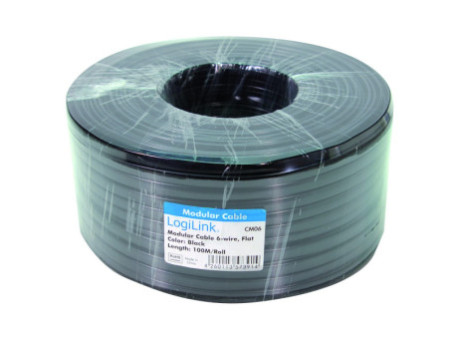 LogiLink Câble téléphonique, 100 m, 6 fils, plat, noir
