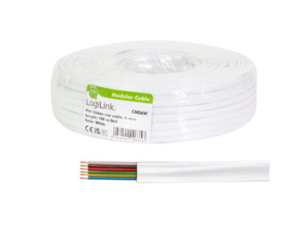 LogiLink Câble téléphonique, 100 m, 6 fils, plat, blanc