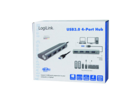 LogiLink Hub USB 3.0, 4 ports, boîtier en aluminium, gris