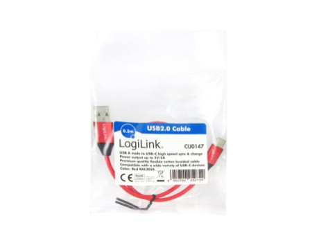 LogiLink Câble USB 2.0, USB-A - USB-C mâle, 0,3 m, rouge