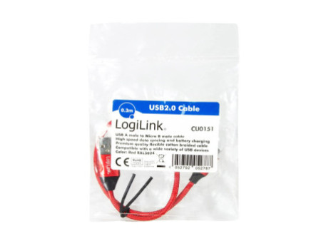 LogiLink Câble USB 2.0, USB-A - Micro USB, 0,3 m, rouge