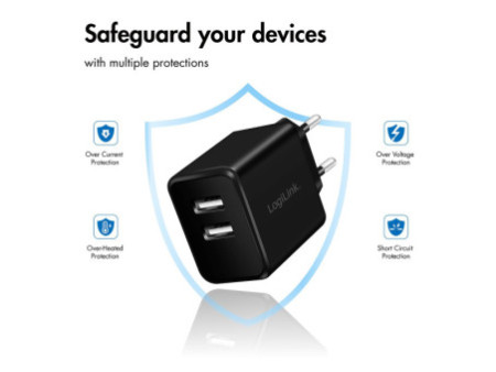 LogiLink Chargeur secteur USB, 2x USB, 12 watts, noir