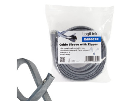 LogiLink Gaine pour câble avec fermeture zip, 2,0 m, gris