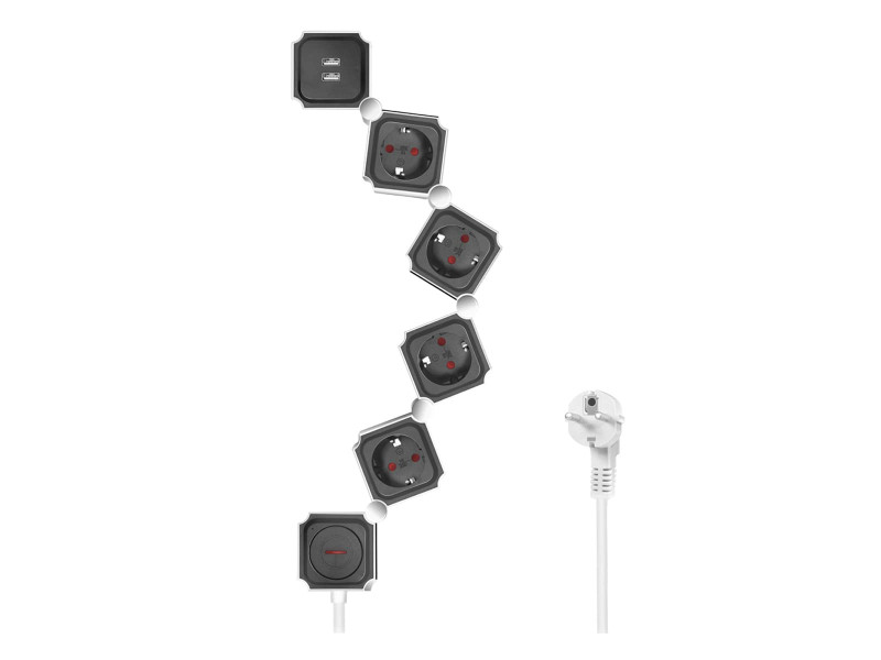 LogiLink Bloc multiprises flexible, avec 2x USB, noir/blanc