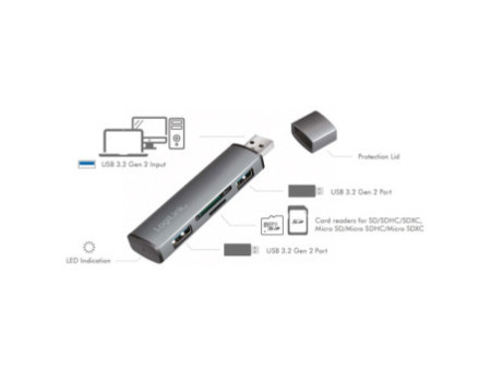 LogiLink Hub USB 3.2 Gen2, avec lecteur de carte, 2 ports