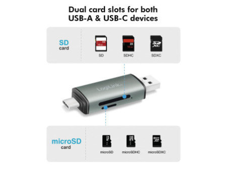 LogiLink Lecteur de cartes USB 3.2 Gen1, SD/micro SD, alu