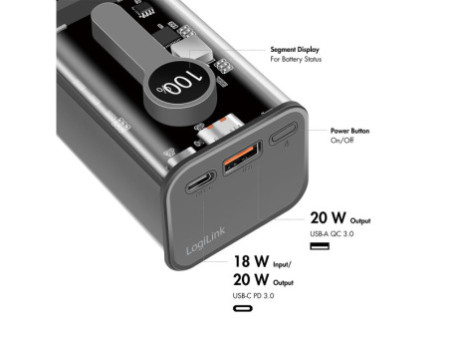 LogiLink Powerbank avec écran, 10.000 mAh, noir