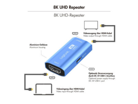 LogiLink Répéteur HDMI, 8K/60 Hz, boîtier en aluminium, bleu