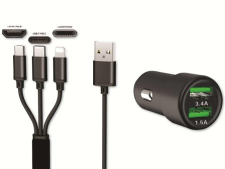 IWH Chargeur USB pour voiture '3EN1', 12/24 V, noir