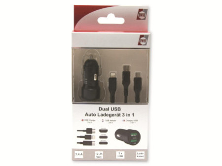 IWH Chargeur USB pour voiture '3EN1', 12/24 V, noir