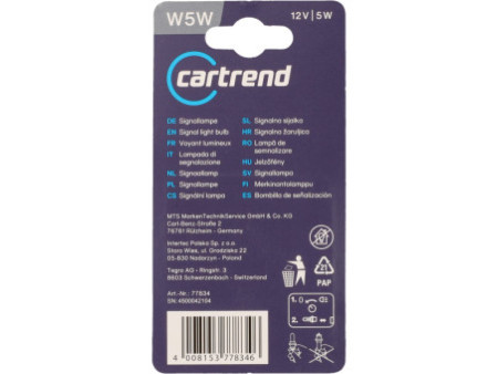 cartrend Ampoule de tableau de bord, 12 volts, 5 watts