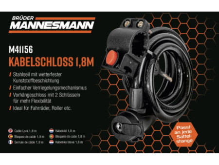 BRÜDER MANNESMANN Câble antivol pour vélo, longueur: 1,8 m