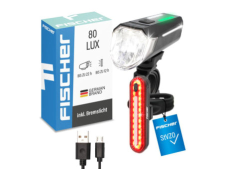 FISCHER Set d'éclairage de vélo à LED rechargeable, 80 lux